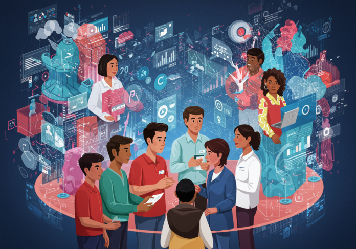 Ilustração de uma conferência de tecnologia moderna e vibrante no Vale do Silício, com diversos participantes interagindo e fazendo networking. Ao fundo, representações abstratas de fluxos de dados e símbolos de inovação. As figuras principais, em discussão, estão em foco no centro. Iluminação clara e otimista.