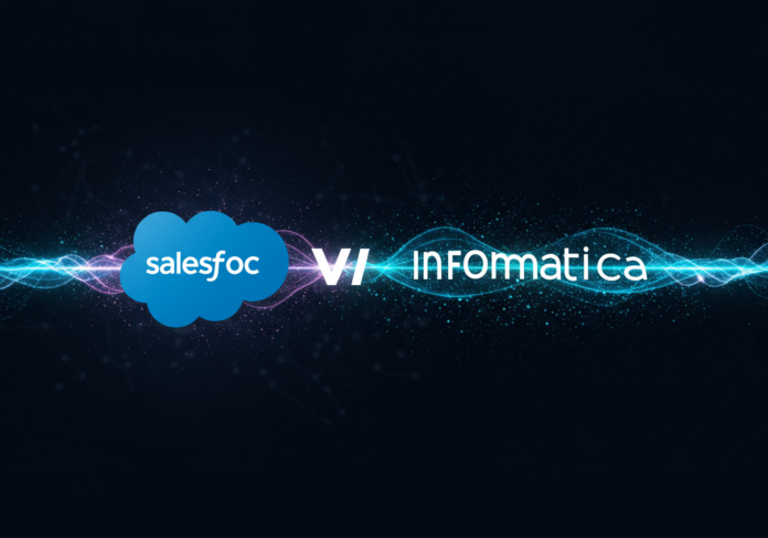 Fusão dos logotipos da Salesforce e da Informatica com fluxos de dados brilhantes e interconectados e iconografia sutil de cérebro de IA ao fundo, estética limpa e moderna, foco central.