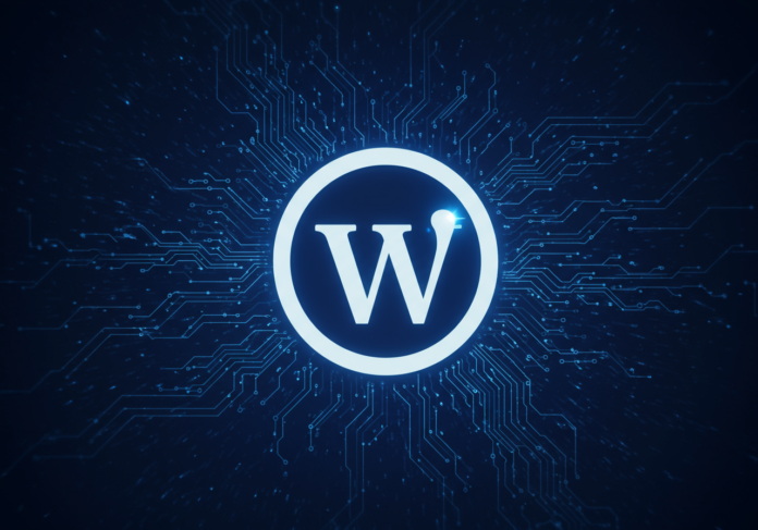 Logotipo do WordPress centralizado, com um brilho azulado sutil emanando dele, sobreposto a um fundo abstrato com padrões de circuitos e redes neurais estilizadas em tons de azul e branco, simbolizando a integração da inteligência artificial. Imagem limpa e tecnológica.