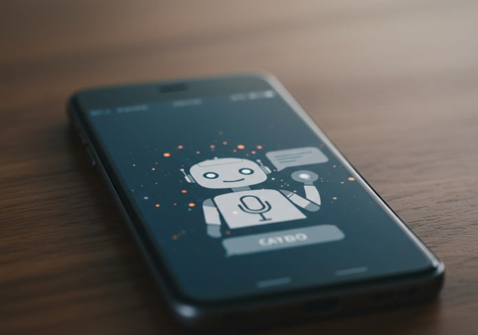 Tela de smartphone exibindo uma interface de chatbot amigável com um ícone de microfone, simbolizando interação por voz. O avatar do chatbot está visível e parece estar falando ou ouvindo. O fundo está levemente desfocado, focando no celular. Foto centralizada.
