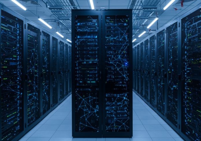 Visão centralizada de um data center futurista com servidores iluminados por luzes azuis e douradas, entrelaçados com representações abstratas de redes neurais. Motivos arquitetônicos árabes-sauditas sutilmente integrados ao design dos racks de servidores ou elementos de fundo. O logótipo da Humain (um 'H' estilizado) é discretamente visível.