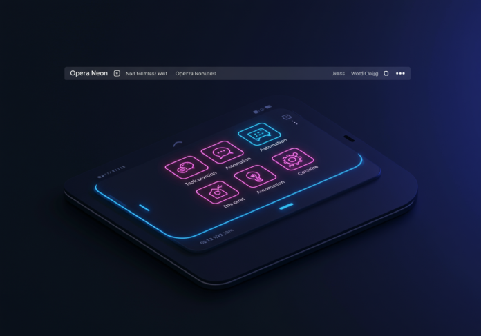 Interface futurista de navegador da web chamada 'Opera Neon' com ícones brilhantes de IA para chat, automação de tarefas e criação de conteúdo, design minimalista, foco central na janela do navegador, detalhes vibrantes em néon sobre um fundo escuro.