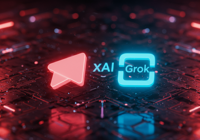 Logos do Telegram e do xAI Grok se fundindo, simbolizando uma parceria, com um fundo futurista de IA, foco central.