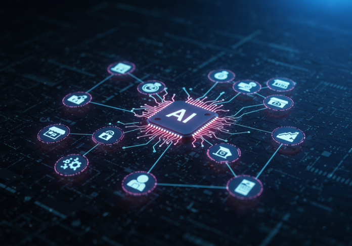Vista centralizada de uma rede neural de IA abstrata e brilhante, conectando-se com diversos ícones de pequenas empresas e gráficos de crescimento com tendência ascendente, em um fundo elegante, escuro e futurista.