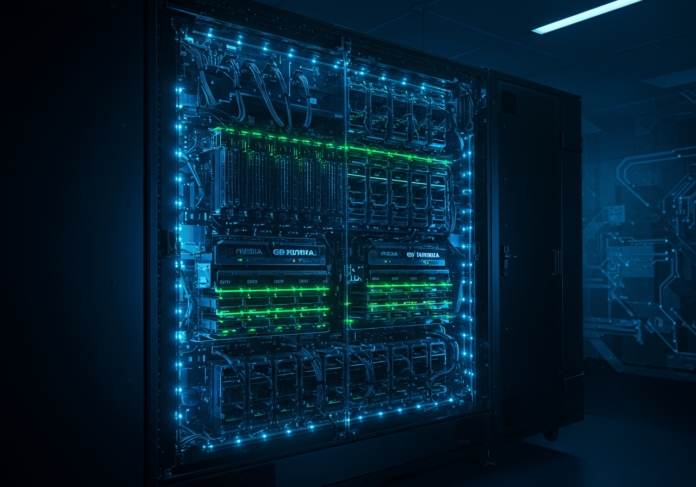 Rack de supercomputador Nvidia GB200 NVL72 iluminado com intrincados padrões de circuito azul e verde, foco central nas GPUs densamente compactadas visíveis através de um painel de vidro, em um cenário futurista de data center.