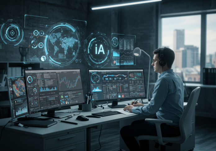 Representação futurista de um ambiente de trabalho de escritório com interfaces holográficas e um assistente de IA centralizado, simbolizando a fusão da inteligência artificial com suítes de produtividade. Estilo moderno e limpo.