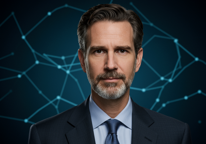Retrato profissional de Reed Hastings com um fundo sutilmente tecnológico representando inteligência artificial, como redes neurais abstratas ou fluxos de dados luminosos. O foco principal deve ser Reed Hastings, centralizado na imagem.