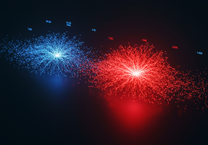 Arte digital estilizada retratando uma rede neural vermelha vibrante e brilhante, simbolizando a IA chinesa (DeepSeek), expandindo-se rapidamente e começando a lançar uma sombra sobre uma rede neural azul mais tradicional e estabelecida, representando a IA ocidental. A rede vermelha deve ser o foco central, com fluxos de dados fluindo ao seu redor. Fundo limpo e futurista.