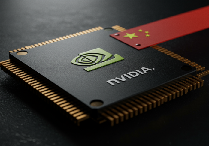Close-up de um microchip avançado da Nvidia, com o símbolo do dólar americano em destaque sobre ele e uma bandeira da China sutilmente desfocada ao fundo, representando o conflito comercial. Uma seta vermelha translúcida aponta para baixo sobre o chip, simbolizando restrição e impacto financeiro. O chip deve estar centralizado na imagem, com iluminação dramática.