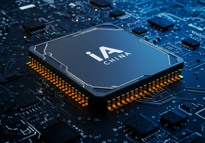 Close-up de um chip de GPU moderno com design futurista, com destaque para as inscrições 'IA' e 'China', em um fundo tecnológico abstrato com tons azuis e dourados, simbolizando a inovação e o mercado. O chip deve estar centralizado e bem iluminado.