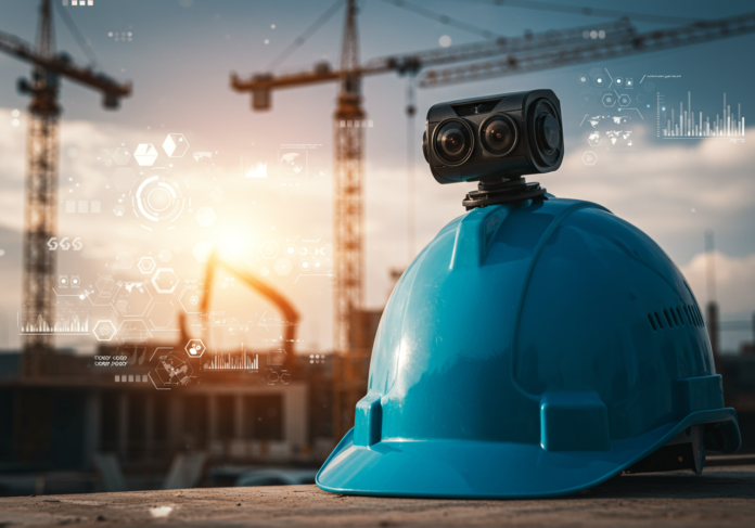 Capacete de construção moderno com uma câmera de 360 graus montada no topo, centralizado no quadro. O fundo mostra um canteiro de obras movimentado com sobreposições sutis de dados de IA futuristas ou elementos HUD. Iluminação clara e brilhante.