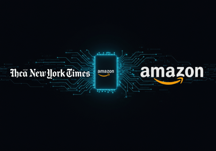 Logotipo do New York Times e logotipo da Amazon lado a lado, conectados por linhas de código brilhantes ou um aperto de mão simbólico, com um cérebro de inteligência artificial estilizado ao fundo. A imagem deve ser limpa, moderna e com os elementos principais centralizados.