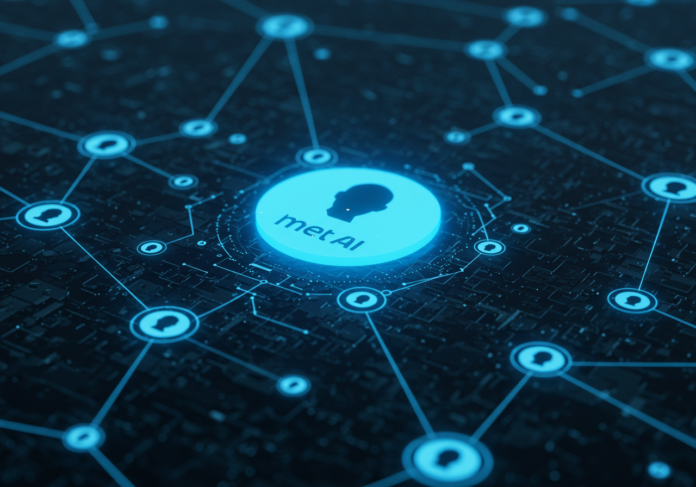 Logotipo da Meta AI no centro, brilhando com uma aura azul neon, cercado por um bilhão de silhuetas de usuários estilizadas e conectadas por linhas de dados luminosas, fundo tecnológico abstrato e futurista, alta resolução.