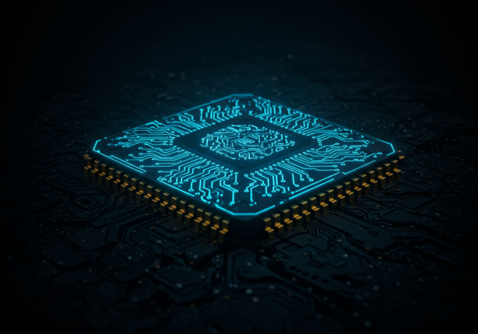 Fotografia cinematográfica de um microchip brilhante e futurista com padrões de circuitos neurais, simbolizando um modelo de IA compacto e poderoso, centralizado em um fundo escuro e tecnológico.