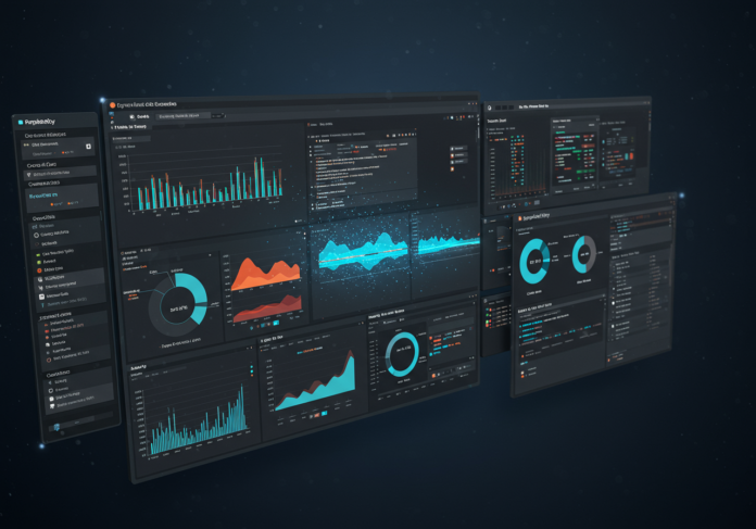 Interface de painel centralizada, elegante e moderna, exibindo relatórios complexos, gráficos e trechos de código gerados por IA sendo montados, com um logo sutil da Perplexity integrado, estética clara e limpa, sensação de alta tecnologia, focada no processo de geração.