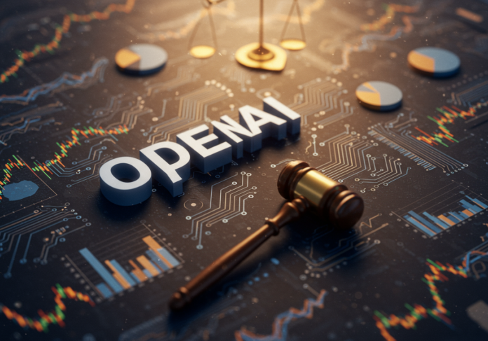 Imagem em close-up e centralizada de um logotipo estilizado da OpenAI entrelaçado com gráficos financeiros e um martelo de juiz, simbolizando o escrutínio regulatório sobre sua transição para uma empresa com fins lucrativos.