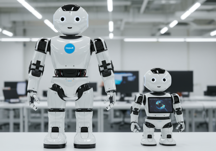Dois robôs humanoides amigáveis, um de tamanho real (HopeJR) e um de tamanho de mesa (Reachy Mini), exibidos lado a lado em um ambiente tecnológico moderno e bem iluminado. O robô de tamanho real deve parecer capaz e acessível, enquanto o robô de mesa parece interativo. Plano centralizado, foco nos robôs.
