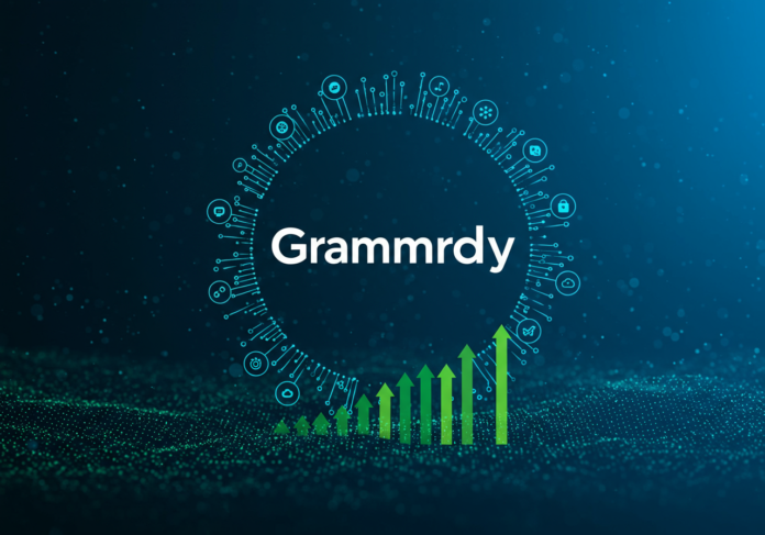 Logotipo da Grammarly centralizado, cercado por setas de crescimento verdes e douradas, com ícones sutis de inteligência artificial como redes neurais e ondas de dados em um fundo azul tecnológico e profissional.