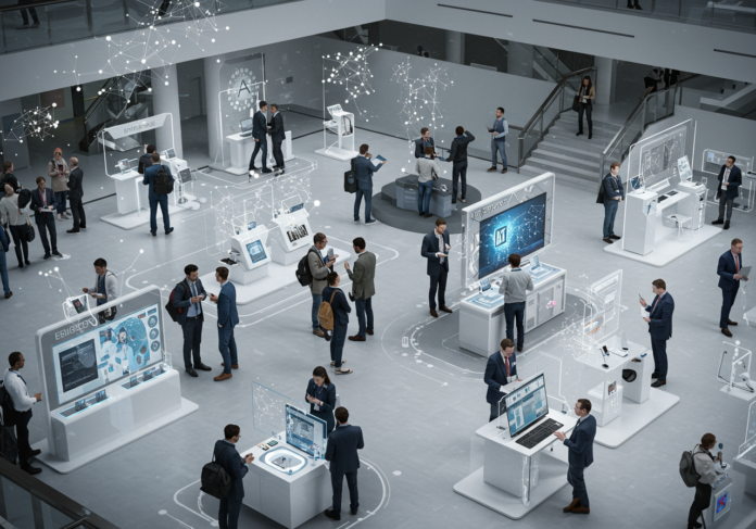 Uma tomada aérea dinâmica de um salão de centro de convenções moderno e bem iluminado, repleto de diversos grupos de pessoas engajadas em conversas e interagindo com exposições futuristas de IA. Sinais visuais sutis de redes neurais e fluxos de dados são integrados à cena. O clima geral é energético e colaborativo, com a área central de atividade claramente em foco.