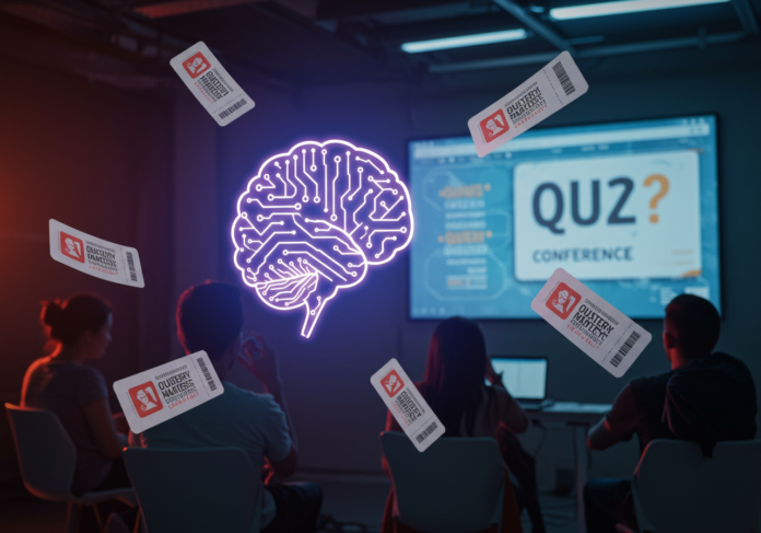 Arte digital, cena centralizada: Um ícone de cérebro brilhante com padrões de circuito, cercado por ingressos de eventos flutuantes para uma conferência de IA. Um grupo diversificado de pessoas ao fundo parece engajado com um telão exibindo perguntas de um quiz. Estilo vibrante, futurista e tecno-otimista.
