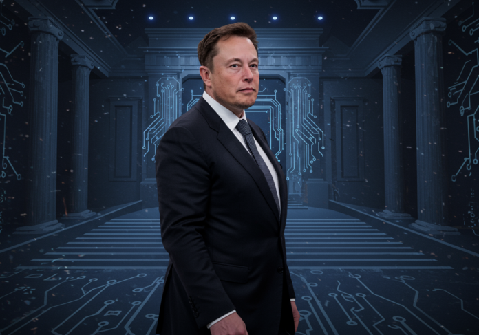 Elon Musk vestindo um terno formal, de pé e ligeiramente de costas para um edifício governamental estilizado e imponente, com leves padrões de placas de circuito digital sutilmente integrados ao fundo. O clima geral deve ser sério e refletir um anúncio importante. Assunto centralizado, estilo de fotografia de notícias.