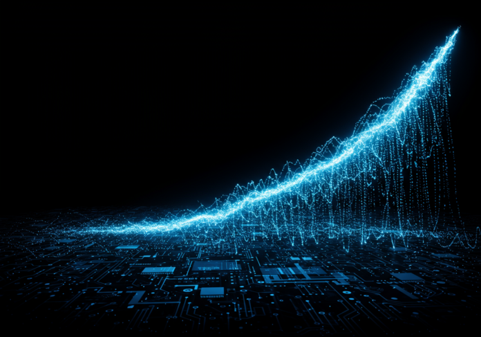 Visualização abstrata da inteligência artificial como uma onda de luz azul e dourada crescendo exponencialmente, com engrenagens e circuitos integrados sutilmente ao fundo, simbolizando velocidade e inovação tecnológica, foco central na onda de crescimento.