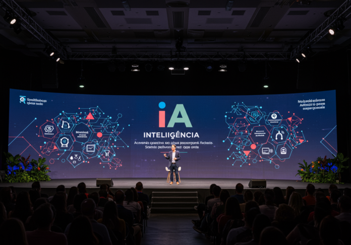 Palco futurista de uma conferência de inteligência artificial, com um grande telão exibindo gráficos abstratos de IA e um palestrante carismático no centro, público atento e engajado.
