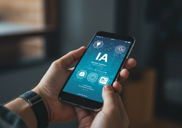 Smartphone na mão de uma pessoa exibindo uma interface de aplicativo de IA com ícones abstratos de inteligência artificial ou redes neurais na tela, fundo levemente desfocado para destacar o celular, cores vibrantes e modernas, estilo clean tech. O celular e a interface devem estar centralizados.