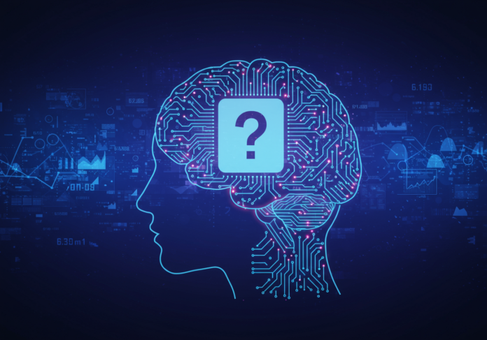 Ilustração de um cérebro humano estilizado com circuitos brilhantes e um ícone de ponto de interrogação proeminente em seu centro, simbolizando um quiz de IA. O fundo apresenta representações abstratas de fluxos de dados e redes neurais em tons vibrantes de azul e roxo, sugerindo uma conferência de tecnologia. Composição centralizada, brilhante, envolvente.