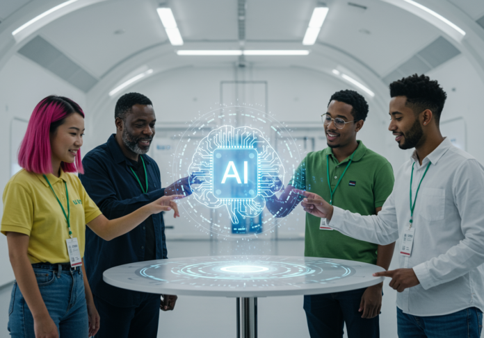 Representação futurista de diversos indivíduos colaborando em torno de um ícone brilhante de cérebro de IA central dentro de um salão de eventos moderno e iluminado, simbolizando conexão e inovação em inteligência artificial. Foto centralizada.