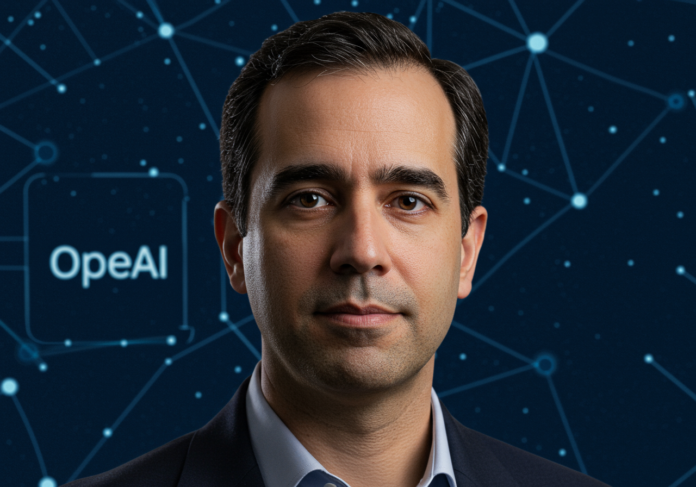 Retrato de Sam Altman, logo da OpenAI sutilmente ao fundo, padrões futuristas de rede neural, sujeito centralizado, fotorrealista