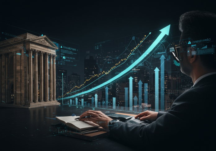 Visão futurista de um investidor visionário observando a inteligência artificial transformar indústrias tradicionais, como escritórios de advocacia e consultorias, simbolizado por gráficos de crescimento ascendentes e engrenagens digitais sobrepostas a edifícios clássicos. O sujeito principal está centralizado.