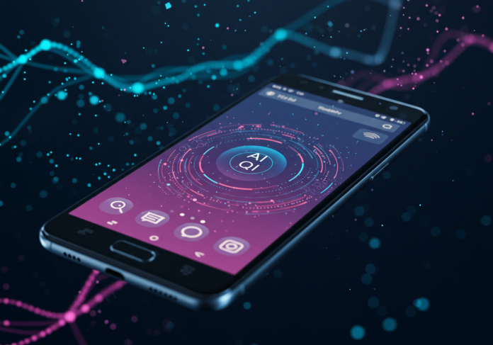 Close-up de um smartphone elegante e moderno, implicitamente Samsung, exibindo uma interface de pesquisa vibrante do Perplexity AI. Fluxos de dados abstratos e brilhantes e padrões sutis de rede neural formam o plano de fundo, transmitindo tecnologia avançada de IA. O smartphone e a interface devem ser o foco central.