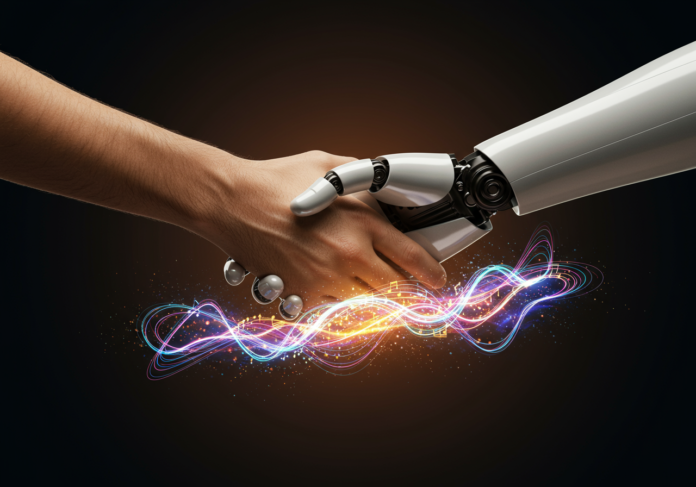 Close-up, imagem simbólica de uma mão humana e uma mão robótica de IA, elegante e metálica, em um aperto de mão firme sobre uma partitura musical abstrata e brilhante, composição centralizada.