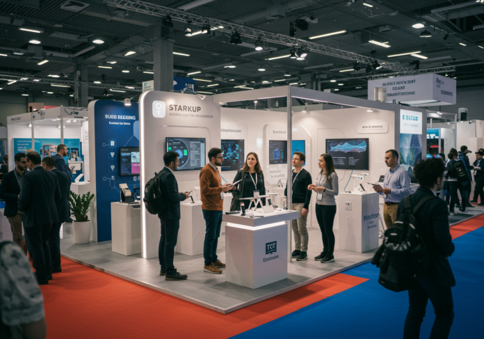 Salão de exposições vibrante e moderno em uma conferência de tecnologia, centrado no estande bem iluminado de uma startup, onde os fundadores estão interagindo com investidores e participantes interessados.