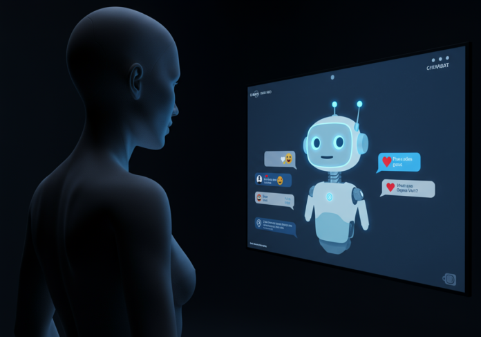 Uma figura humana estilizada, de costas, observando uma interface de chatbot brilhante e amigável em uma tela grande. A interface do chatbot exibe balões de fala com emojis de aprovação e elogios. O ambiente é levemente escuro, destacando a luz da tela. O tema central é a relação entre o humano e a IA que sempre concorda, com um sutil tom de questionamento ou perigo. Estilo de arte digital, foco centralizado.