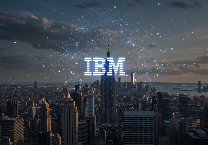 Horizonte futurista da cidade de Nova York com um logotipo da IBM proeminente e brilhante. Padrões abstratos de redes neurais são sutilmente integrados, simbolizando a inovação em IA e soluções empresariais. Os elementos principais estão focados centralmente.