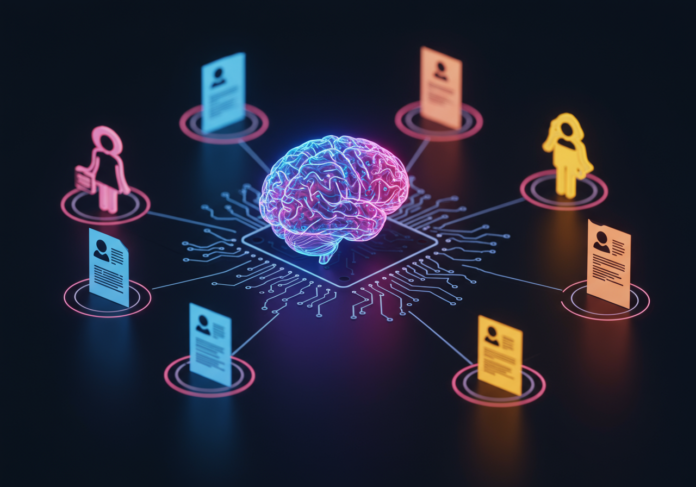 Representação estilizada de um cérebro de inteligência artificial conectando-se com diversas silhuetas humanas e currículos, simbolizando recrutamento de tecnologia e uma aquisição de negócios, foco central.