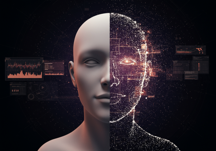 Estilo de arte digital, um rosto central e amigável de um avatar de IA que é parcialmente uma imagem estática e parcialmente em transição para uma representação de vídeo dinâmica, com partículas brilhantes e elementos de interface abstratos ao fundo, simbolizando a criação multimídia.