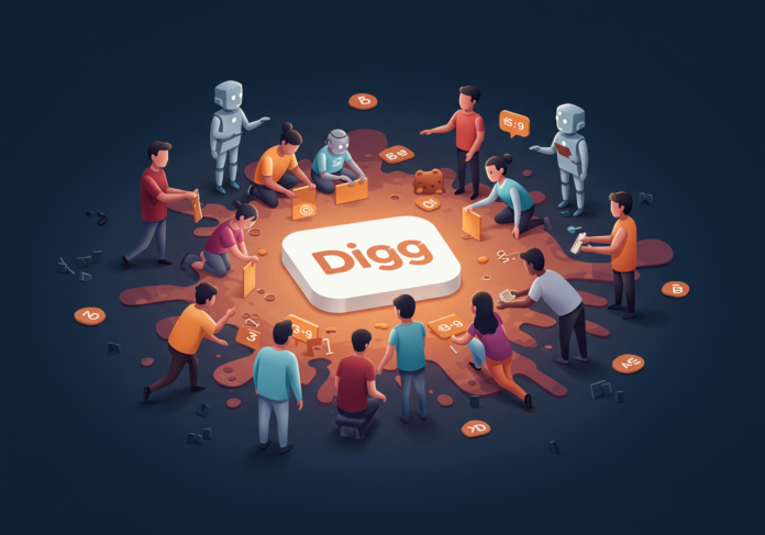 Ilustração digital de um grupo diversificado de figuras humanas construindo colaborativamente um espaço comunitário online vibrante e orgânico, resistindo a uma onda de símbolos genéricos de bots de IA. O novo logotipo do Digg está sutilmente incorporado no espaço comunitário. Centralizado, esperançoso e dinâmico.