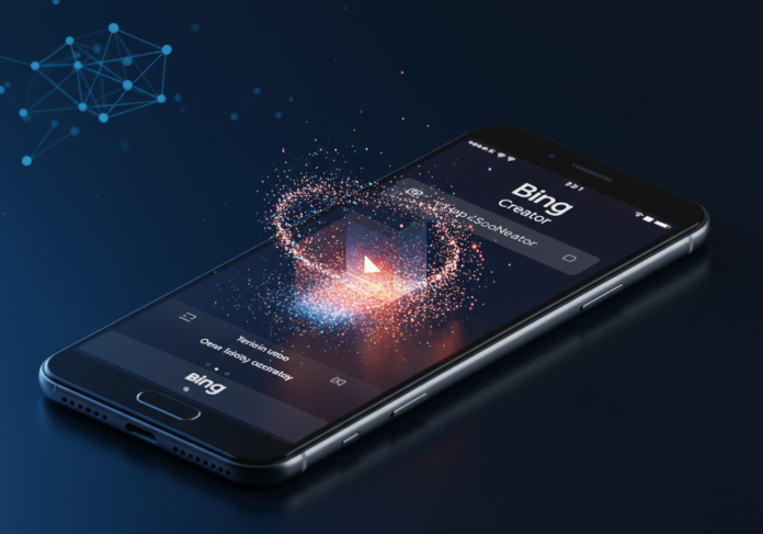 Uma tela elegante de smartphone exibindo a interface do Bing Video Creator. A partir de uma caixa de prompt de texto, partículas brilhantes giram e se unem para formar uma cena de vídeo em miniatura e vibrante. O logotipo do Bing é visível no aplicativo, e uma representação sutil e abstrata da rede neural Sora da OpenAI está ao fundo. Composição centralizada, estética brilhante e tecnologicamente avançada.