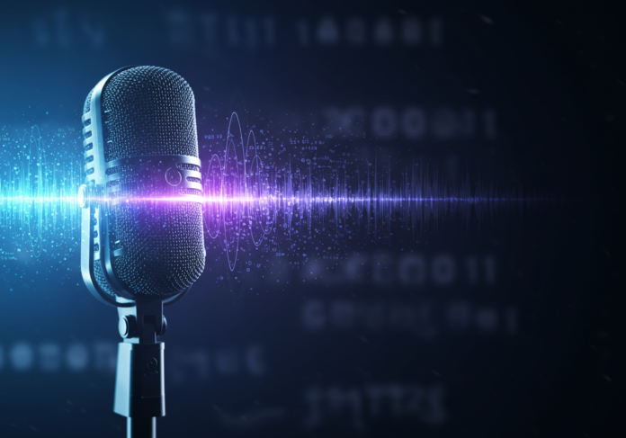 Close-up de um microfone elegante e moderno, do qual emanam ondas sonoras brilhantes que se transformam em texto digital. O plano de fundo é uma interface sutil e futurista em tons suaves de azul e roxo. O microfone e as ondas sonoras estão em foco central.