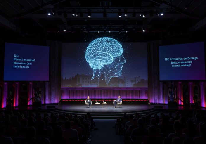 Visão centralizada de um palco futurista em uma conferência de tecnologia, com um holograma brilhante de um cérebro de IA ou rede neural pairando no centro. Silhuetas de uma audiência diversificada e engajada em primeiro plano. No fundo, elementos arquitetônicos que remetem sutilmente à UC Berkeley. Cores vibrantes e iluminação que evocam inovação e inteligência artificial avançada.