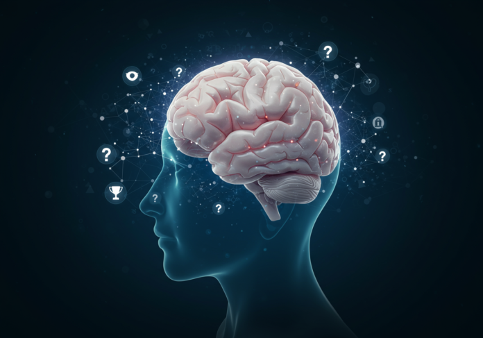 Cérebro humano futurista interconectado com redes neurais digitais brilhantes, ícones de quiz e um troféu de vencedor sutilmente integrados, simbolizando um desafio de conhecimento de IA, foco central no cérebro e nas redes, fundo vibrante, mas limpo.