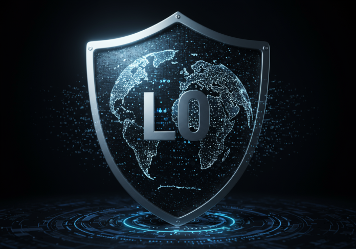 Um escudo protetor brilhante com o símbolo 'L0' (LawZero) no centro, defendendo um globo terrestre estilizado de fluxos de dados digitais abstratos e ameaçadores. Fundo escuro e tecnológico, com foco central no escudo e no globo.