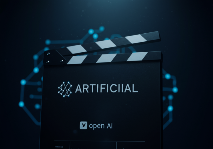Close-up de uma claquete de cinema com o título 'ARTIFICIAL' em destaque. Ao fundo, um brilho sutil de circuitos de inteligência artificial e o logótipo da OpenAI levemente desfocado. Iluminação cinematográfica, objeto centralizado.