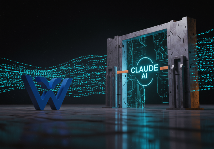 Uma imagem simbólica do logotipo de uma empresa de tecnologia menor (um 'W' estilizado para Windsurf) diante de uma grande e imponente barreira digital ou portão parcialmente fechado com a marca 'Claude AI'. Fluxos de código binário circulam, alguns bloqueados pelo portão. A cena deve evocar temas de acesso restrito e desafio tecnológico. Composição centralizada.