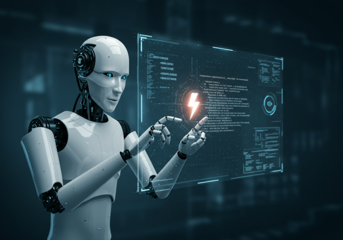 Robô futurista de IA analisando meticulosamente linhas complexas de código de software em uma tela digital transparente, simbolizando testes automatizados. Um ícone sutil de raio está integrado ao fundo. Foco central no robô e no código brilhante. Estética brilhante, limpa e de alta tecnologia.