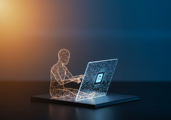 Representação centrada e simbólica do crescimento pessoal assistido por IA: uma figura humana estilizada interagindo com um diário digital luminoso que incorpora sutilmente padrões de redes neurais. O fundo é calmo, com cores suaves e inspiradoras, como azuis e laranjas suaves, sugerindo clareza e discernimento. Foco na interação humano-IA positiva para autorreflexão.