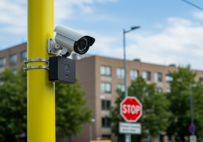 Sistema de câmera de alta tecnologia com capacidades de Inteligência Artificial, montado em um poste de cor vibrante em um cruzamento de rua da cidade, próximo a uma placa de PARE. A imagem deve focar na câmera como uma solução para a segurança de pedestres, com nítida visibilidade diurna e um fundo urbano moderno.